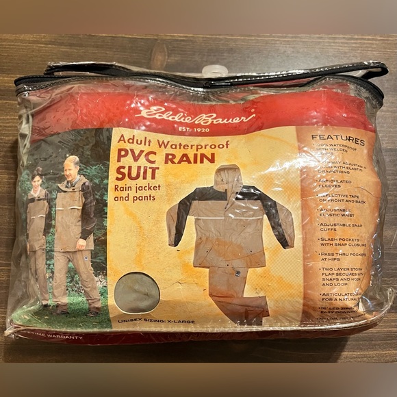 Eddie Bauer Waterproof PVC Nylon Zip Rain Suit Jacket & Pants Adult's XL Tan - Picture 13 of 14